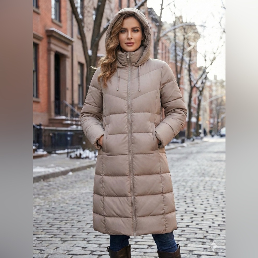 Qinruiyu Long Tan Puffer Coat with Hood Dble Zip Filly Lined Size Small NWT